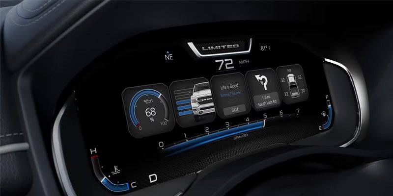 Image of the interior of the 2024 RAM 1500 featuring the driver side dash mount showing the odometer, speedometer, and other key vehicle health indicators